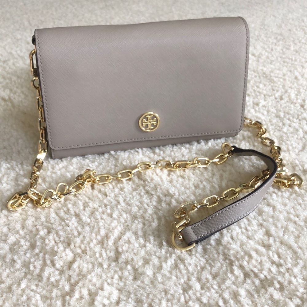 Tory Burch Gray Crossbody Bag with Gold Chain